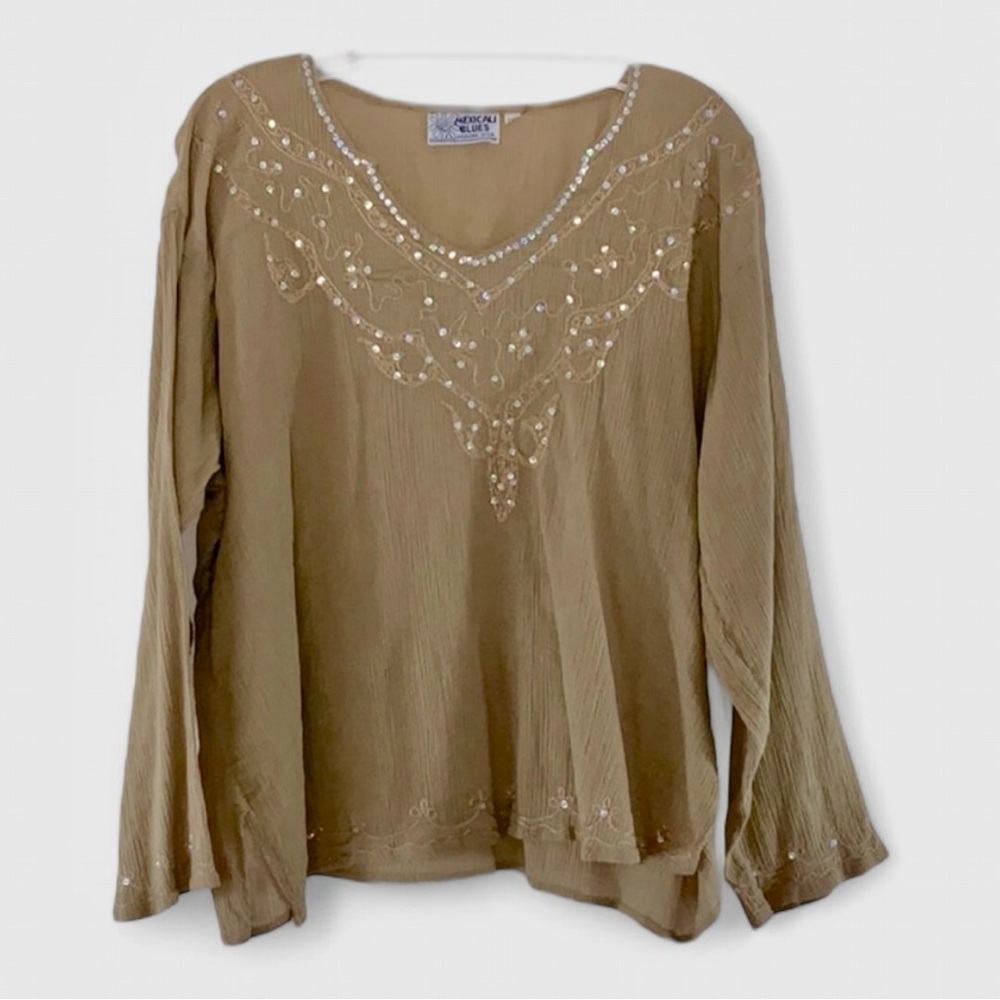 Embroidered Beaded Long-Sleeve Top - Taupe